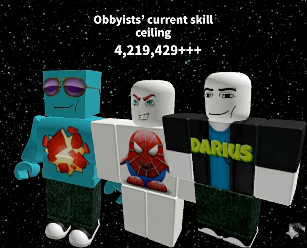 Three blocky avatars standing in front of a starfield under the caption: Obbyists' current skill ceiling, 4,219,429+++